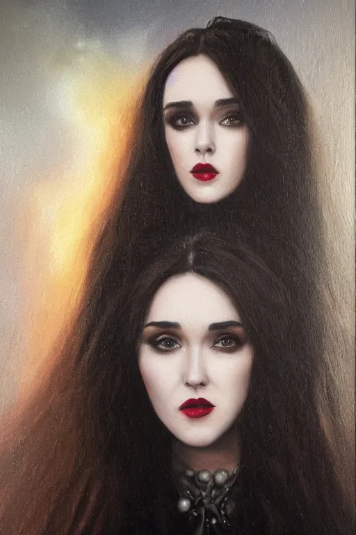 Image similar to hyperrealism oil painting, close - up portrait of isabelle adjani medieval brunette vampire fashion model, knight, steel gradient mixed with nebula sky, in style of baroque