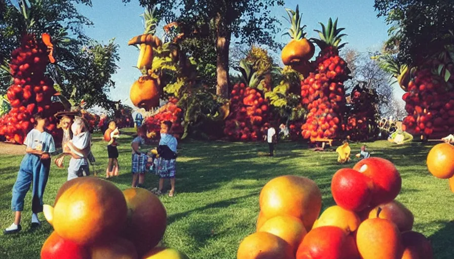 Image similar to 1990s candid photo of a beautiful day at the park, cinematic lighting, cinematic look, golden hour, large personified costumed fruit people in the background, Enormous fruit people mascots with friendly faces, kids talking to fruit people, UHD