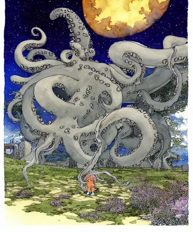 Image similar to a hyperrealist studio ghibli watercolor fantasy concept art. in the foreground is a giant grey octopus lifting and putting stones in to place on top of stonehenge with a starry sky. by rebecca guay, michael kaluta, charles vess