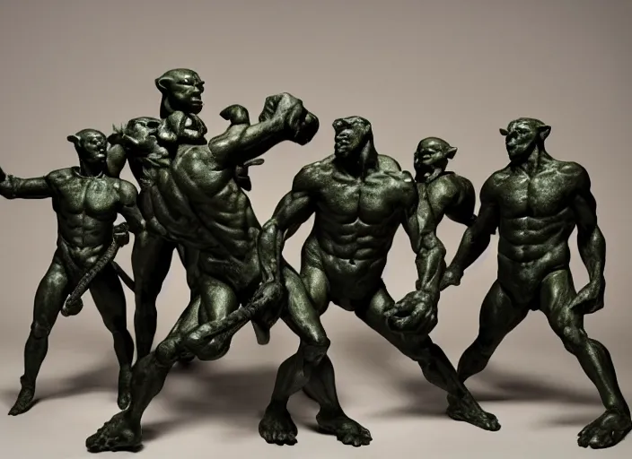 Image similar to a full figure rubber sculpture of a group of fighting goblins, by Michelangelo, dramatic lighting, rough texture, subsurface scattering, wide angle lens