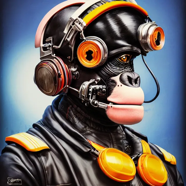 Image similar to a portrait of an anthropomorphic cyberpunk chimp in a racing helmet by sandra chevrier, detailed render, tape deck, boombox, headphones, epic composition, cybernetics, 4 k realistic, cryengine, realistic shaded lighting, sharp focus, masterpiece, by matteo scalera, gary montalbano, peter elson in the style of the tokyo ghost comic