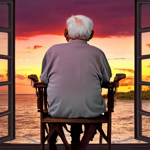 Image similar to A very old man, sitting in a chair in front of a window, looking out at a beautiful sunset award winning photograph