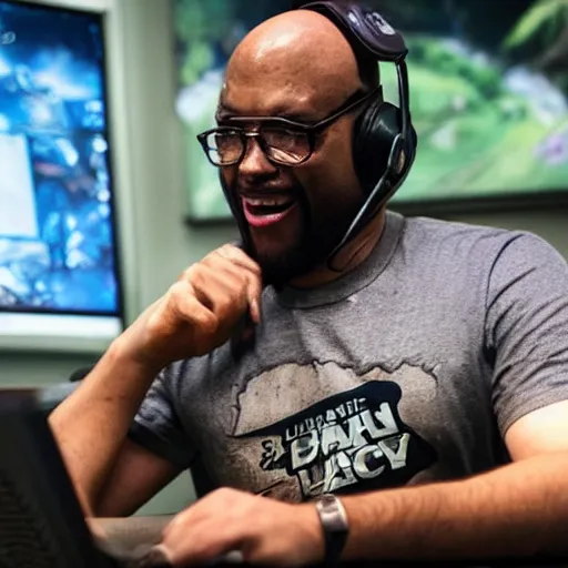 Image similar to a bald black man crying while playing league of legends