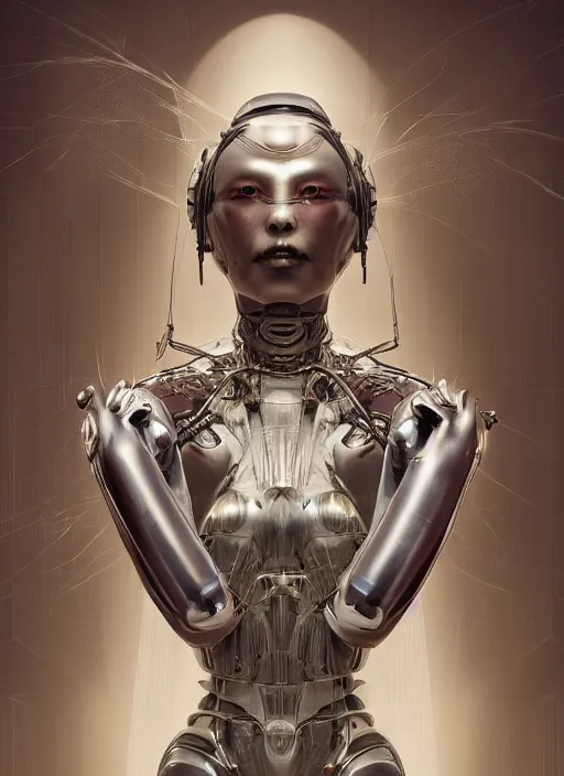 Prompt: portrait of a futuristic geisha cyborg, in the style of ghost in the shell, kintsugi, modern fine art, fractal, intricate, elegant, highly detailed, digital photography, subsurface scattering, by jheronimus bosch and h r giger and greg rutkowski,