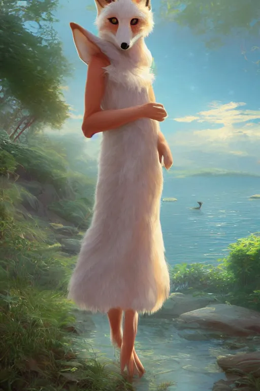 Image similar to an anthropomorphic fox girl wearing a simple sundress, she has a fluffy tail and two pointed ears, beautiful lake background, illustration by greg rutkowski, thomas kindkade, loish, artstation, furaffinity, deviantart