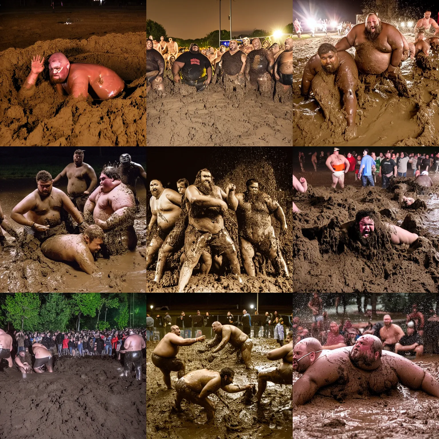 Prompt: flash photograph of huge fat men from tennessee wrestling in a mud pit, at night in a park