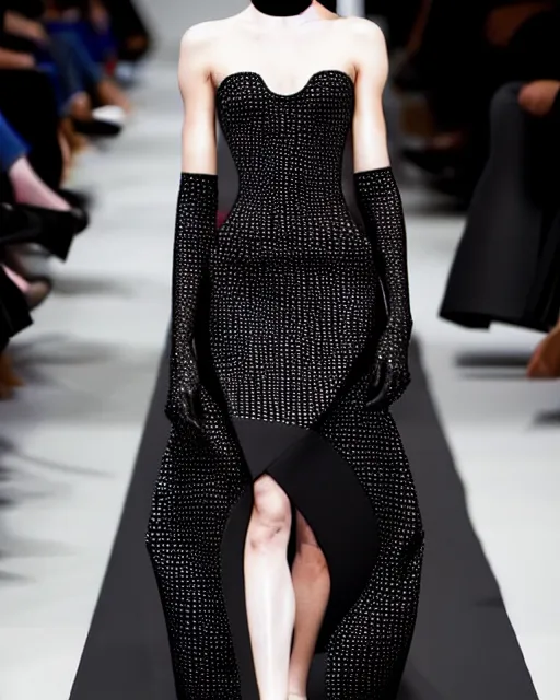 Prompt: a model walks down the runway in a black dress, a cubist painting by alexander mcqueen, trending on pinterest, vorticism, androgynous, biomorphic, geometric