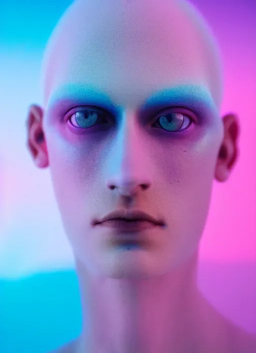 Image similar to high quality pastel coloured film close up selfie photograph of an androgynous cyber model standing in an icelandic black rock environment. three point light. photographic. art directed. pastel colours. volumetric light. stark. waves glitch. 8 k. filmic.