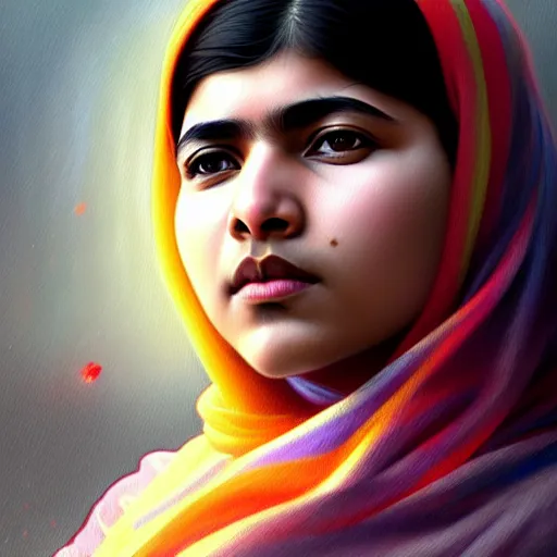 Image similar to Malala , colorful painting on grey scale face, powerful , magic, thunders, dramatic lighting, intricate, wild, highly detailed, digital painting, artstation, concept art, smooth, sharp focus, illustration, art by artgerm and greg rutkowski and alphonse mucha, footage