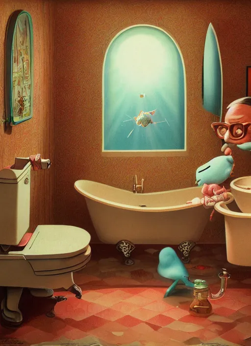 Image similar to highly detailed wide - angle portrait of a retro 1 9 6 0 s bathroom, nicoletta ceccoli, mark ryden, lostfish, earl nore, hyung tae, frank frazetta, global illumination, god rays, detailed and intricate environment