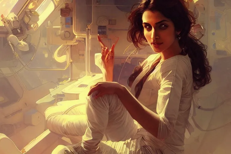 Image similar to Sensual good looking pale young Indian doctors wearing jeans in a space station above Earth, portrait, elegant, intricate, digital painting, artstation, concept art, smooth, sharp focus, illustration, art by artgerm and greg rutkowski and alphonse mucha