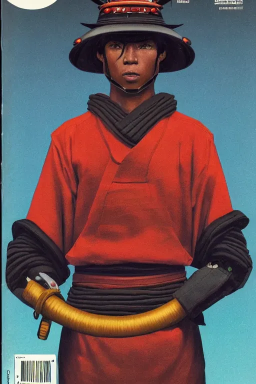 Prompt: 1 9 7 9 omni magazine cover of kianu reeves in a samurai hat. piercing gaze. simple stylized cyberpunk photo by josan gonzalez.