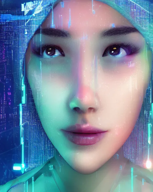 Prompt: A broken monitor with the calm face of an AI woman on it. Very very very strong glitches on the monitor. The face is glitches. Scanlines and jitter effects. Extremely high detail, glitchcore, glitches, glitch, cyberpunk, deep colors, 8k render