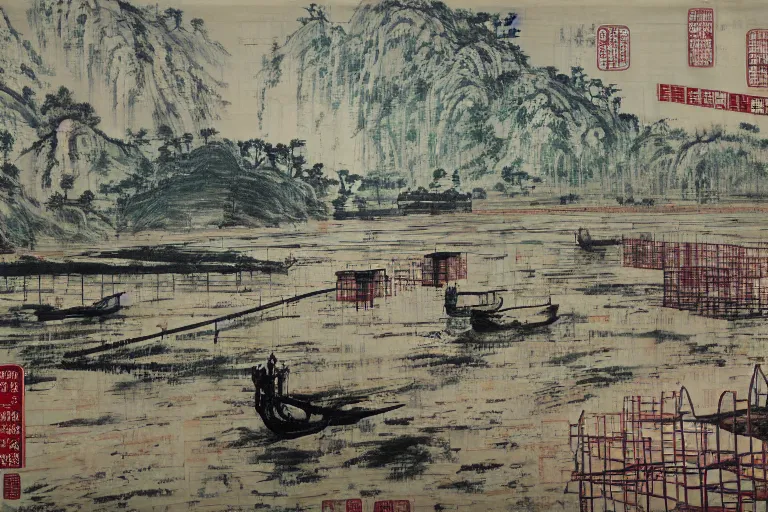 Image similar to a chinese prison near a river by peter doig, overlaid with chinese adverts