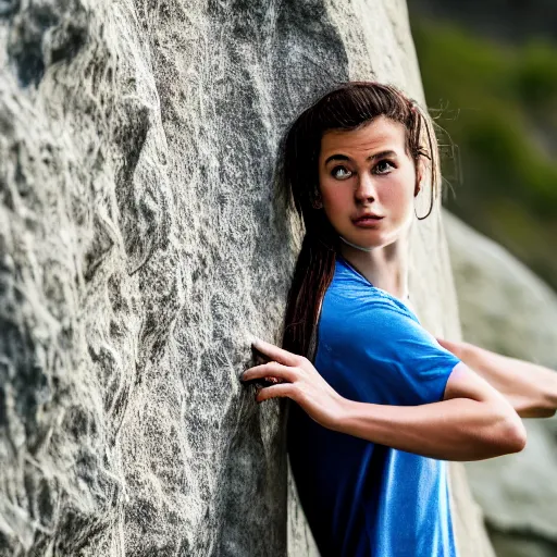 Image similar to high quality portrait of a teenage female rock climber, wearing jeans, 4k, cinematic, unreal engine