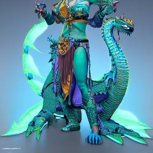 Prompt: cute female bellydancer dragon with 6 arms wearing blue plastic armor, anthropomorphic dragon, dragon face, stuning 3 d render, ultra real, masterpiece, glowing holy aura by laurie greasley, by aleski briclot