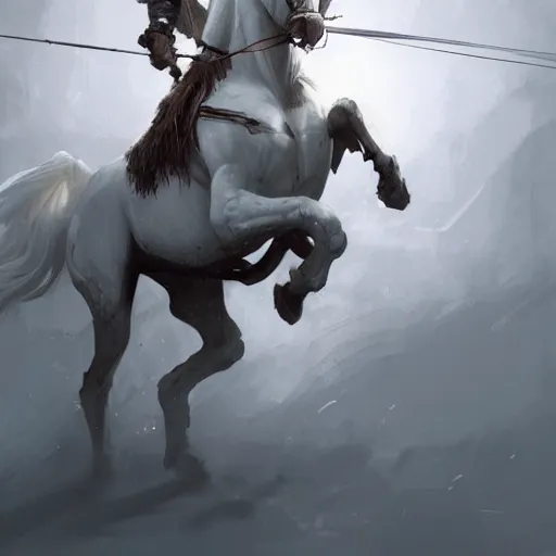 Image similar to a white horse The one who rode him carried arrows and a bow in his hand, and they gave him a crown, digital Art, Greg rutkowski Trending artstation