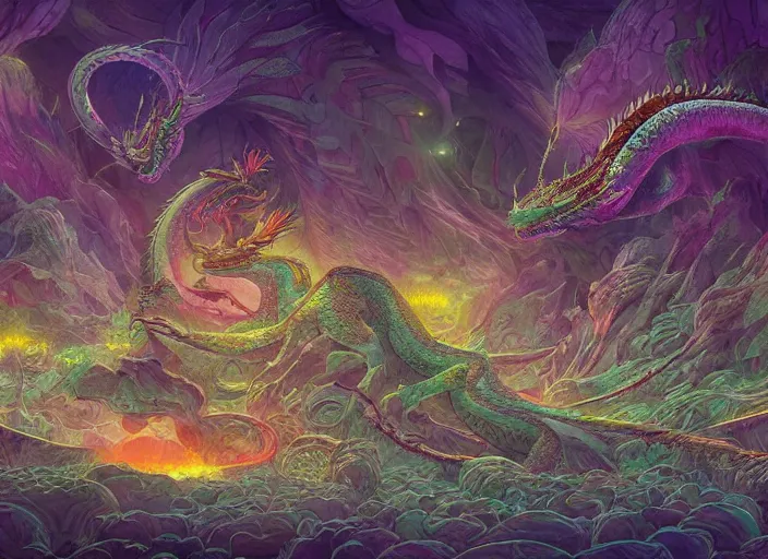 Prompt: psychedelic concept art of a dragon landscape made of thousands of dragons, cel shaded, in the style of makoto shinkai and moebius and peter mohrbacher and anton fadeev