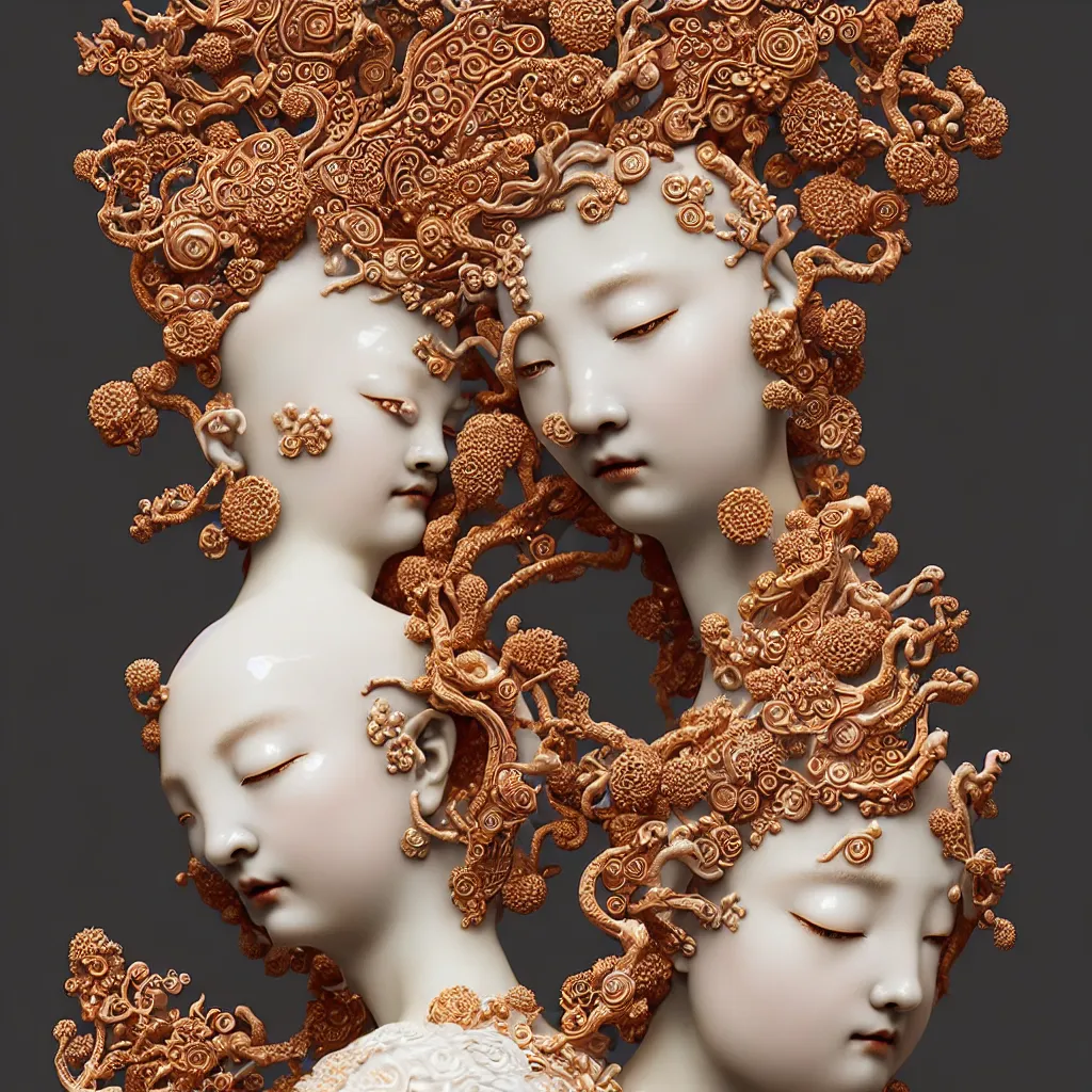 Image similar to The Goddess of Beauty, A Close up photo-real delicate ceramic porcelain sculpture of an ornate detailed in front of an intricate background by Victo Ngai and takato yamamoto, micro detail, backlit lighting, face in focus, subsurface scattering, translucent, thin porcelain, octane renderer, colorful, physically based rendering, japanese pottery, trending on cgsociety