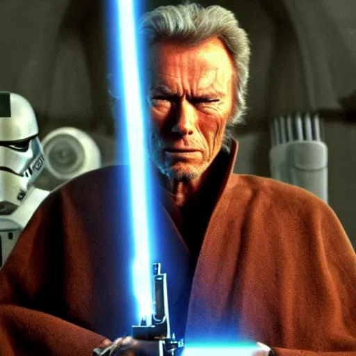 Image similar to clint eastwood as a jedi in star wars episode 3, 8k resolution, full HD, cinematic lighting, award winning, anatomically correct