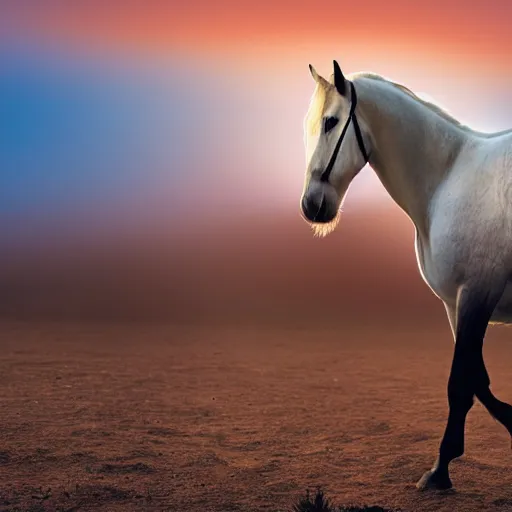 Image similar to photo of white arabic horse, blue soft background with sun set