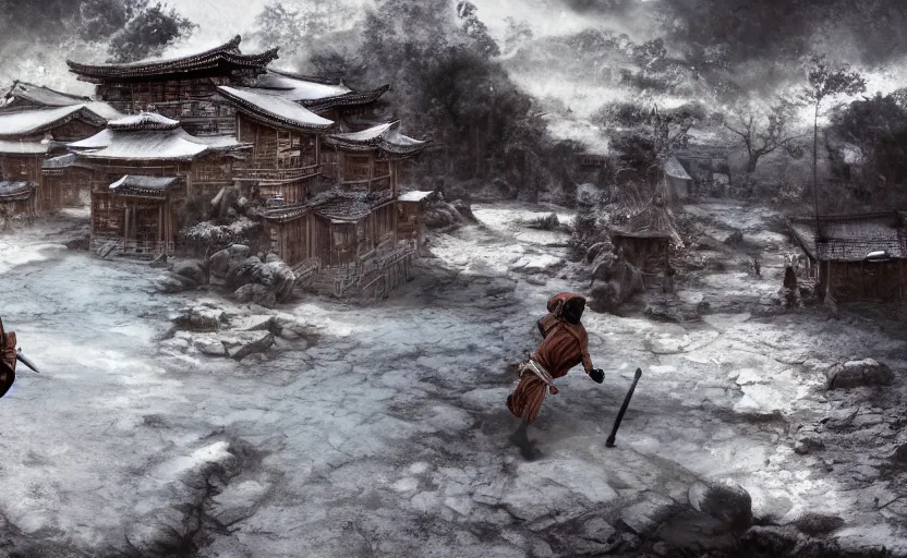 Image similar to highly detailed digital illustration of ninja shinobi in the white puddle in old, ruined, japanese village from sengoku period, surrounded by the white desert, with dark rocks, cinematic lighting, photobash, raytracing, volumetric lighting