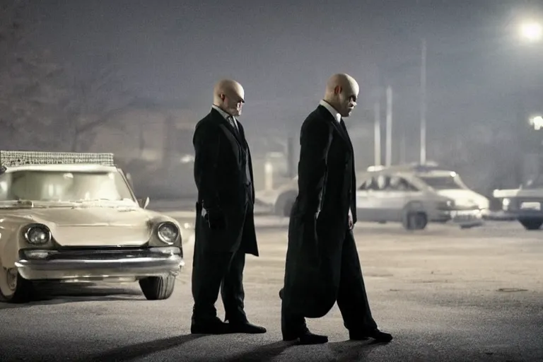 Image similar to movie scene, hitman waiting outside a house in his car, night, silenced pistol, by emmanuel lubezki