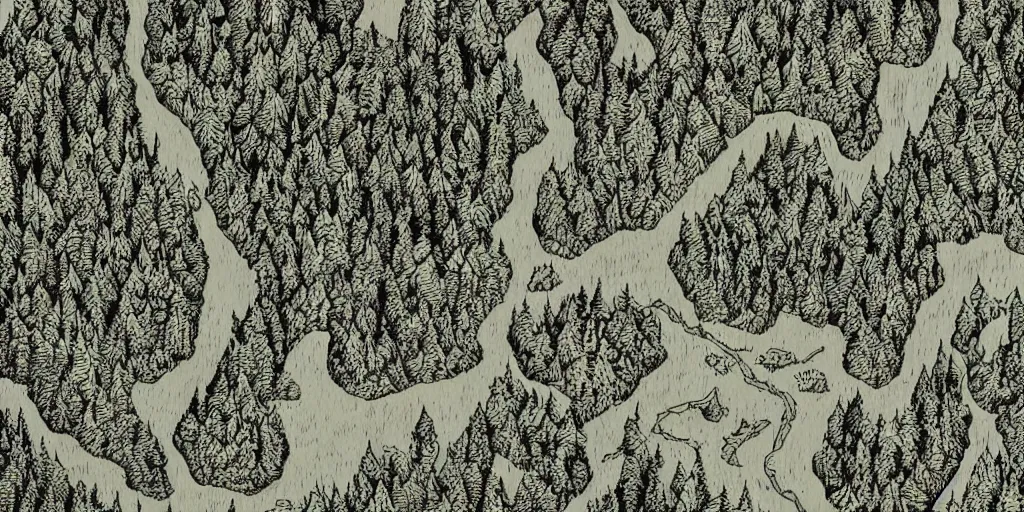 Image similar to A photo of a detailed handwritten map of a forest with rivers and a mountain