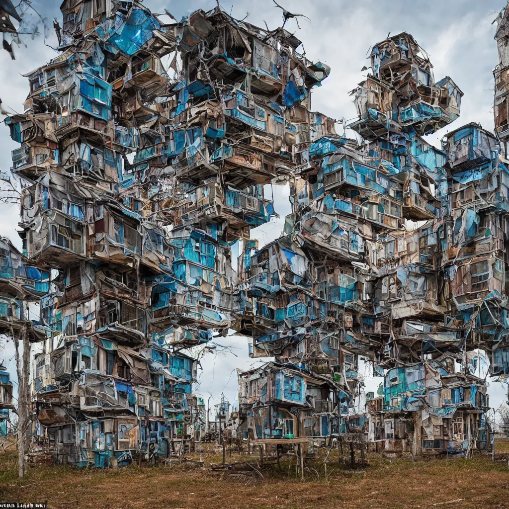 Image similar to a tower made up of makeshift squatter shacks, dystopia, sony a 7 r 3, f 1 1, fully frontal view, photographed by david lachapelle and jeanette hagglund, ultra detailed,