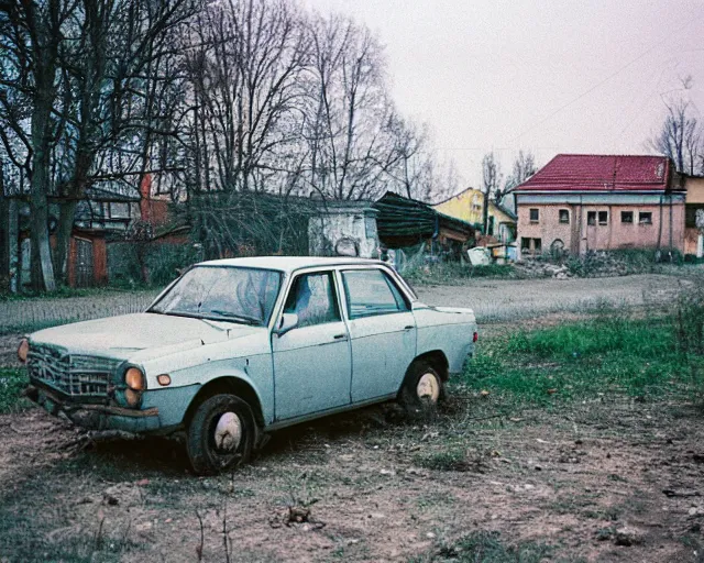 Image similar to a lomographic photo of old lada 2 1 0 7 standing in typical soviet yard in small town, hrushevka on background, cinestill, bokeh