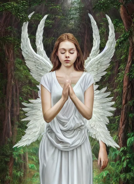Prompt: a beautiful portrait painting of a biblical angel in white dress in a forest, inspired by thomas eakes & xiang duan, symmetry, magic realism, post - processing, extremely hyper - detailed, intricate, soft - lighting, lifelike attributes, masterpiece'