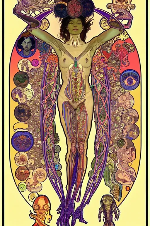 Prompt: extremely psychedelic anatomically accurate diagram of alien species, full body, intricate parts, fine details, hyper realistic, elegant minimalism, by seichen, alphonse mucha, surreal