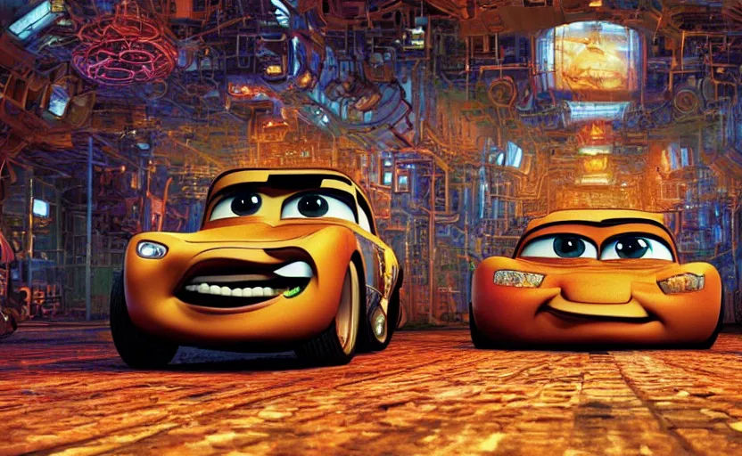 Image similar to mater from cars in a mirrored fractal hallway, romance novel cover, dmt visualization, in 1 9 9 5, y 2 k cybercore, industrial photography, still from a ridley scott movie