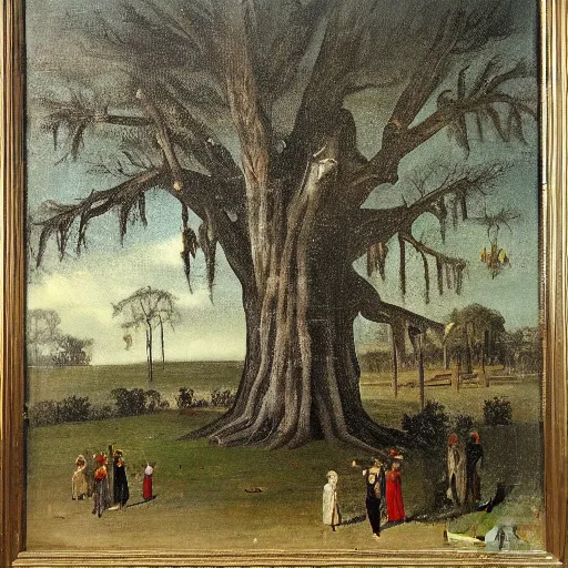 Image similar to huge tree with a lot of hangmans, southern gothic art, 1 9 th century scene, painted by friedrich caspar david