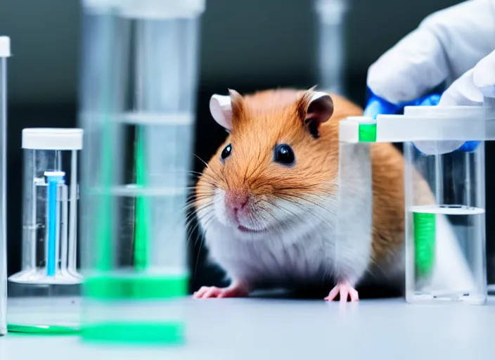 Image similar to film still of a hamster working in a research lab filling test tubes, 8 k