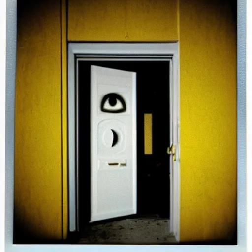 Image similar to low angle wide shot of the door, door is slightly open, the darkness behind it, with multiple white and yellow eyes glowing, eyes gleaming, eyes shining in the dark ominously, sunset, polaroid photo, by Warhol,