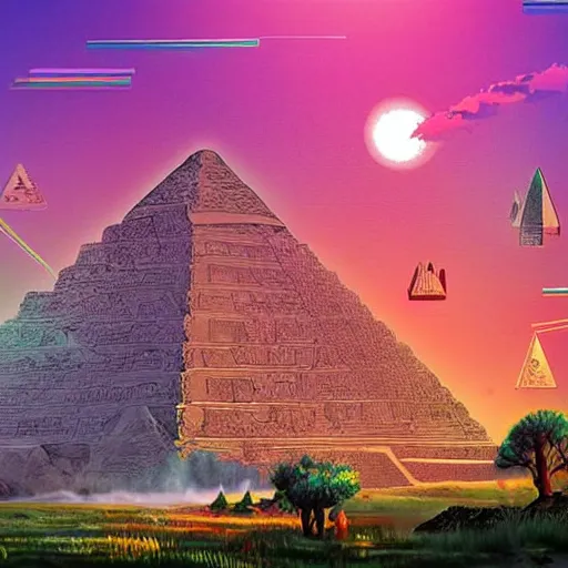 Image similar to ancient pyramids with gardens and waterfalls,digital art,retrowave art,trending on art station