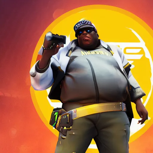 Image similar to biggie smalls as a overwatch hero, ingame, 4 k, clear focus, detailed,