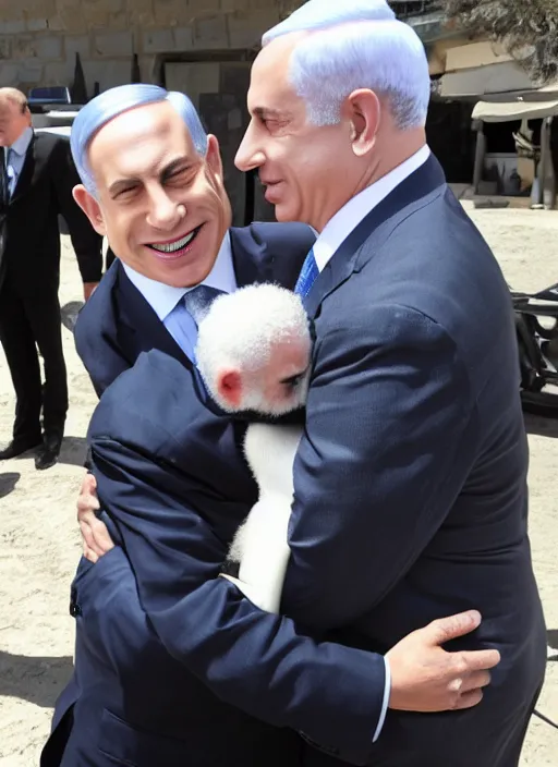 Image similar to benjamin netanyahu hugging a penguin