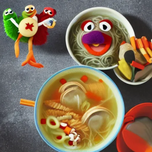 Image similar to muppets swimming in noodle soup