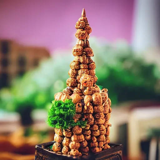 Prompt: macro photo of a miniature secret hidden world with tiny buildings and people inside of a croquembouche