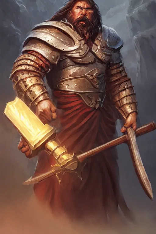 Image similar to strong man with draconic face features, wearing a simple robe, holding a war hammer, highly detailed, d & d, fantasy, highly detailed, digital painting, trending on artstation, concept art, sharp focus, illustration, global illumination, shaded, art by artgerm and greg rutkowski and fuji choko and viktoria gavrilenko and hoang lap