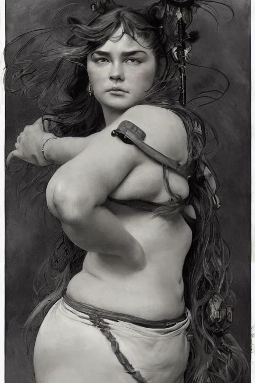 Image similar to portrait of a beautiful chonky young female warrior in the middle of a fight as drawn by by frank frazetta, loish, alphonse mucha, frank frazetta, thomas moran, mandy jurgens, fashion photography 8 k subsurface scattering, soft light