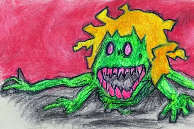 Image similar to a childs crayon drawing of the monster that lives under his bed, horror!!, terror!!!