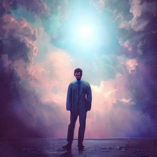 Prompt: 3 d, sci - fi, close - up, night, smiling fashion model face, moon rays, cinematic, clouds, vogue cover style, man on the horizon, blue mood, realistic painting, intricate oil painting, high detail illustration, figurative art, multiple exposure, poster art, 3 d, by tooth wu and wlop and beeple