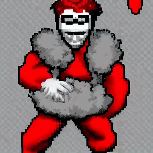 Image similar to image of ronald mcdonald, white face, red afro, red nose and yellow outfit as an enemy in 9 0's mortal kombat 3 sega genesis video game, upscaled to high resolution