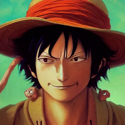 Image similar to highly detailed vfx portrait of monkey d. luffy, stephen bliss, greg rutkowski, loish, rhads, beeple, makoto shinkai, tom bagshaw, alphonse mucha, global illumination, sharp focus, art by artgerm and greg rutkowski, stanley kubrick, best of behance, cinematic lighting, frowning,