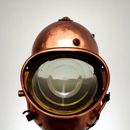 Prompt: a photo of an old copper deep diving helmet made of glass, caustics lighting, museaum artifact, amazing, f 2. 8