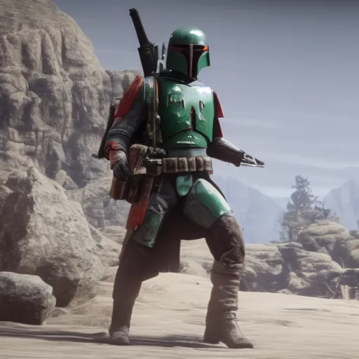 Image similar to Film still of Boba Fett, from Red Dead Redemption 2 (2018 video game)