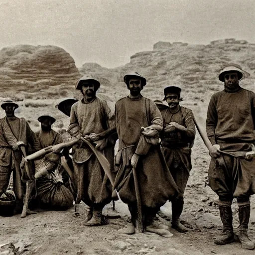 Image similar to ultra detailed photorealistic sepia - toned photo from 1 9 1 7, a small group of british soldiers standing with bedouin traders in traditional arab garb, at an archaeological dig site in wadi rum, ultra realistic, painted, intricate details, lovecraft, atmospheric, dark, horror, brooding, highly detailed, by clyde caldwell